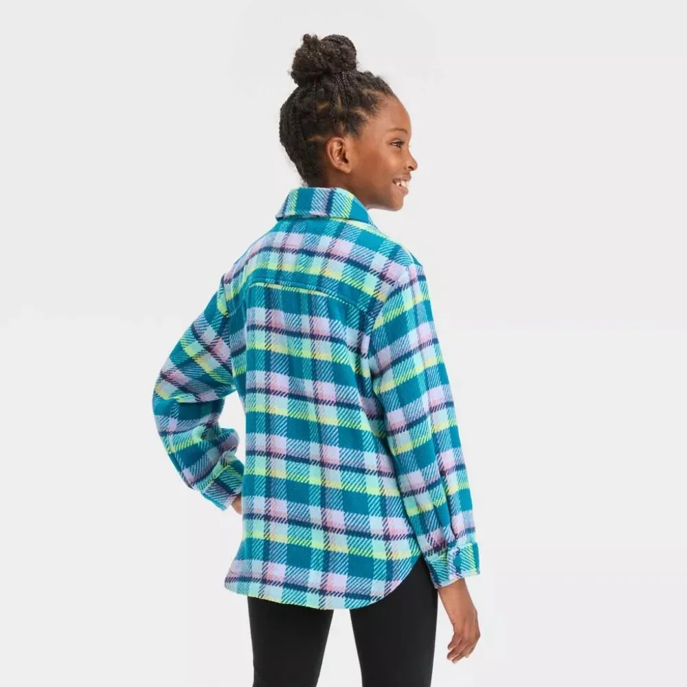 Cat & Jack - Girls' Plaid Button-Front Long Sleeve Shacket - Teal Blue Plaid